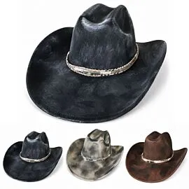 Dozen Wholesale Distressed Western Cowboy Hats with Silver Chain and Turquoise Bead Hatband - Assorted Black, Cream & Brown