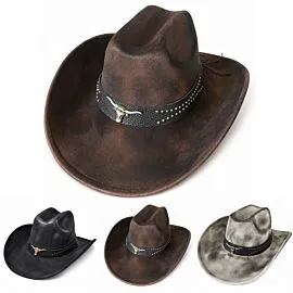 Dozen Wholesale Distressed Western Cowboy Hats with Steer Head Concho and Studded Leather Hatband - Assorted Black, Cream & Brown
