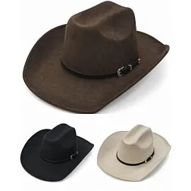 Dozen Wholesale Felt Cowboy Hats with Slim Black Leather Ranger Buckle Hatband - Assorted Black, Cream & Khaki