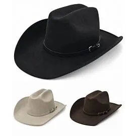 Dozen Wholesale Felt Cowboy Hats with Slim Tone-on-Tone Silver Accent Hatband - Assorted Black, Cream & Khaki