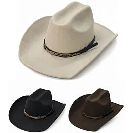 Dozen Wholesale Felt Cowboy Hats with Tan Cutout Leather Band and Silver Plaque - Assorted Black, Cream & Khaki