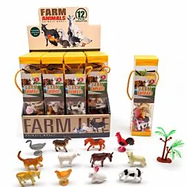 Dozen Wholesale Mini Farm Animal Figures in Carry Tube - 12 Pc Sensory Bin Toys