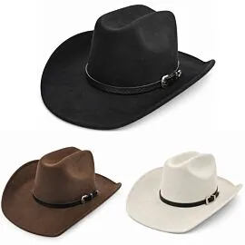 Dozen Wholesale Pinchfront Felt Cowboy Hats with Pebbled Black Leather Ranger Buckle Hatband - Assorted Black, Cream & Khaki