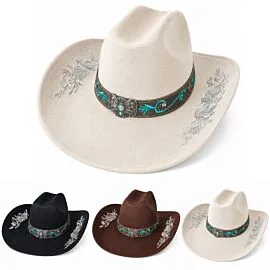 Dozen Wholesale Western Cowboy Hats with Silver Rose Embroidered Brim and Turquoise Concho Hatband - Assorted Black, Cream & Brown