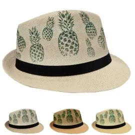 Wholesale Pineapple Print Trilby Straw Fedora Hat Set-1