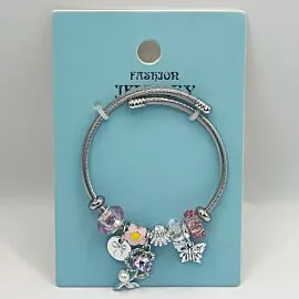 Stainless Steel Charm Bracelet with pink gemstone and rose design
