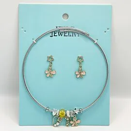 Stainless Steel Charm Necklace and Earrings Set - Golden Rhinestone Flower
