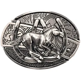 silver hidden knife belt buckles - western style galloping horse engraved design