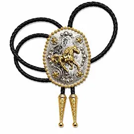Galloping Horse Bolo Tie - Two-Tone Oval Equestrian Western Necktie