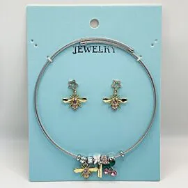Stainless Steel Charm Earring and Necklace Set - Rhinestone Golden Bees
