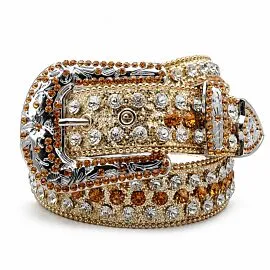 Gold-Tone Amber Crystal Rhinestone Belt - Large Silver-Tone Engraved Western Buckle Bling Cowgirl Belt