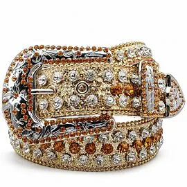 Gold-Tone Amber Crystal Rhinestone Belt - Large Silver-Tone Engraved Western Buckle Bling Cowgirl Belt