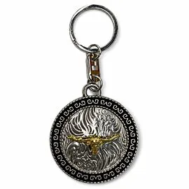 Gold-Tone Longhorn Round Concho Keychain - Engraved Silver-Tone Western Cowboy Charm