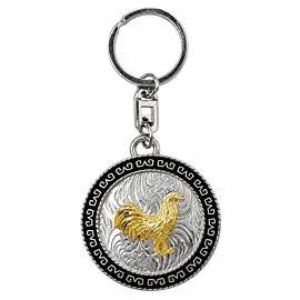 Gold-Tone Rooster Round Concho Keychain - Engraved Silver-Tone Western Gallo Charm