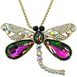 golden rainbow diamond dragonfly necklace on display