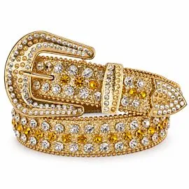 Gold-Tone Amber Crystal Rhinestone Belt - Large Silver-Tone Engraved Western Buckle Bling Cowgirl Belt