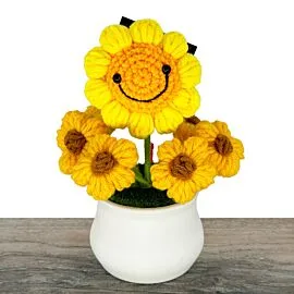 Happy Crochet Sunflower and Puff Flowers in a Pot