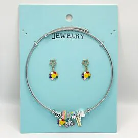 Stainless Steel Charm Necklace and Earrings Set - Rainbow Sunflower and Motorcycle