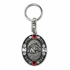 Horse Head Oval Medallion Keychain - Red Crystal Antiqued Silver-Tone Cowgirl Charm
