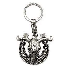 Horseshoe Longhorn Skull Keychain - Engraved Antiqued Silver-Tone Lucky Western Charm