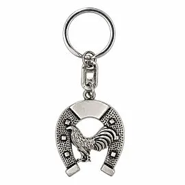 Horseshoe Rooster Keychain - Antiqued Silver-Tone Lucky Western Gallo Charm