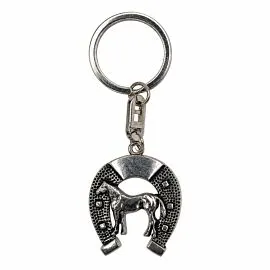 Horseshoe Standing Horse Keychain - Antiqued Silver-Tone Lucky Western Charm