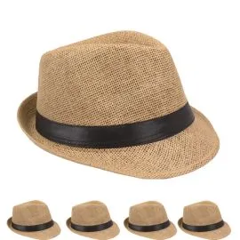 Wholesale Classic Tan Toyo Straw Trilby Fedora Hat with Black Strip Band-1