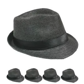 Wholesale Classic Black Toyo Straw Trilby Fedora Hat with Black Strip Band-1