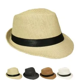 Wholesale Classic Straw Trilby Fedora Hat with Black Ribbon Band-1