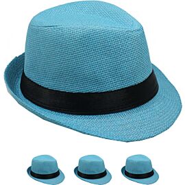 Turquoise blue paper straw kid casual trilby fedora hats at wholesale prices from buy4store with a black band