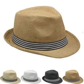 Bulk Adult Straw Trilby Fedora Hat Set with Strip Band-1