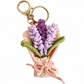 Lavender Bouquet Keychain - Crochet Flower Bag Charm, Gold-Tone Clasp