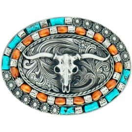 Long-Horn Bull Design Turquoise and Brown Beaded Western Belt Buckle