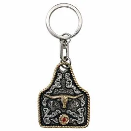 Longhorn Cattle Tag Keychain - Two-Tone Rope Edge Crystal Accent Western Cowboy Charm
