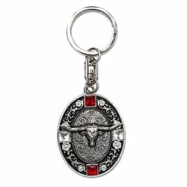 Longhorn Oval Medallion Keychain - Red Crystal Antiqued Silver-Tone Western Charm