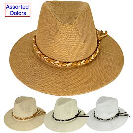 Wholesale Straw Panama Hats for Men with Braided Leather Hatband - Assorted Colors