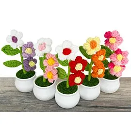 bulk multicolor crochet puff flowers in pots with assorted arrangement
