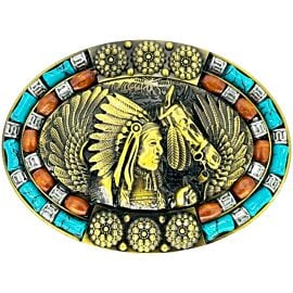 Native American Chief and Horse Design Turquoise and Brown Beaded Western Belt Buckle