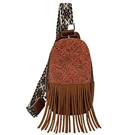 brown floral design crossbody bag with native motiffs