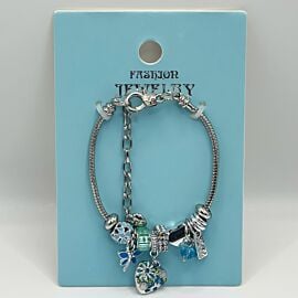 Stainless Steel Charm Bracelet with Ocean Blue Mossy Heart Design - Adjustable