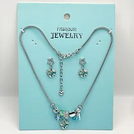 Adjustable Stainless Steel Charm Necklace and Earrings with Blue Mossy Heart Design