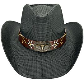 Wholesale Paper Straw Bull Style Leather Band Black Western Cowboy Hat