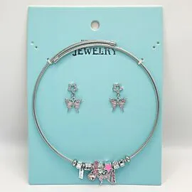 Stainless Steel Charm Necklace and Earrings Set - Elegant Pink Butterfly