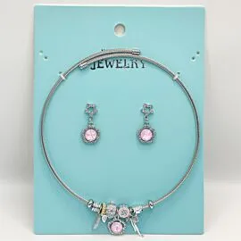 Stainless Steel Charm Necklace and Earrings Set - Pink Rhinestone Gemstone