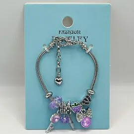 Adjustable Stainless Steel Charm Bracelet with Purple Gemstones Design 