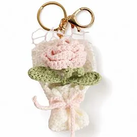 Pink Carnation Bouquet Keychain - Crochet Flower Bag Charm, Gold-Tone Clasp