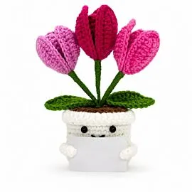 Pink Tulip Bouquet Pot - Crochet Potted Tulips with Message Card