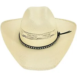 Wholesale Ivory Woven Straw Cowboy Hats – Southwestern X-Stitch Hatband with Black Leather Ties – Cattleman Crown