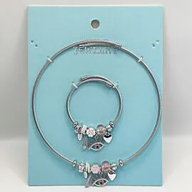 Stainless Steel Charm Necklace and Bracelet Set - Pink Protective Eye