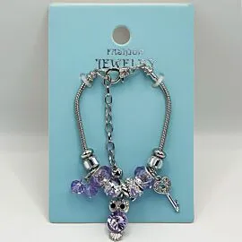 Adjustable Stainless Steel Charm Bracelet with Purple Owl Design 